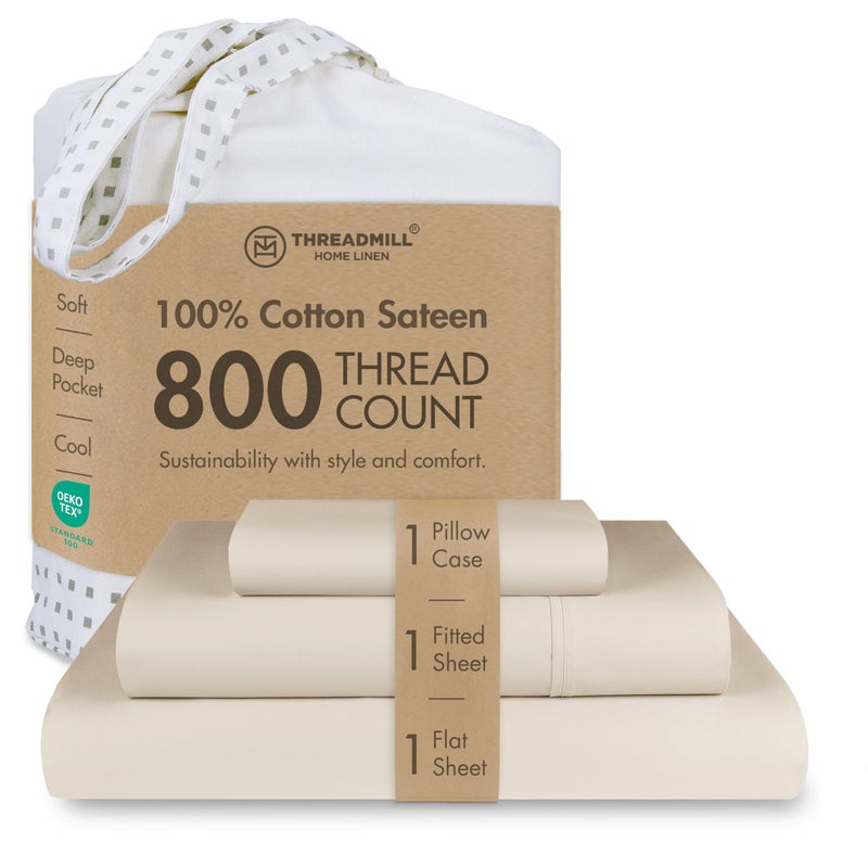 Threadmill Luxury 800 Thread Count 100% Cotton Sheets - Sateen Weave Twin XL Bed-Sheets, Better Than Egyptian Cotton,3 Pc Solid Soft Bedding Set (Light Beige), Fits 15" Deep Pocket - Image 1